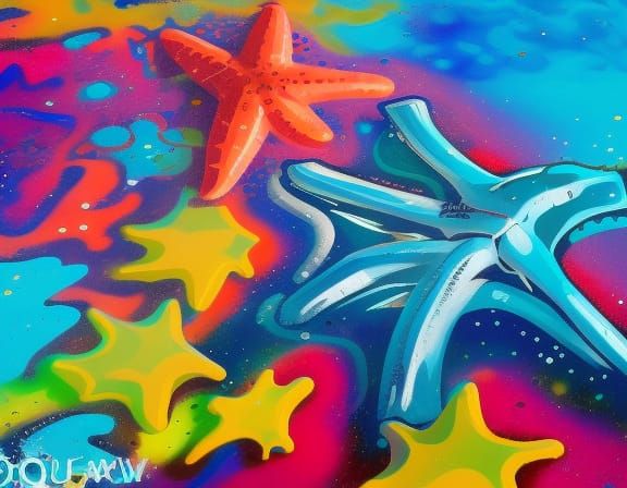 starfish reef graffiti art, splash art, street art, spray paint, oil gouache melting, acrylic, high contrast, colorful p...
