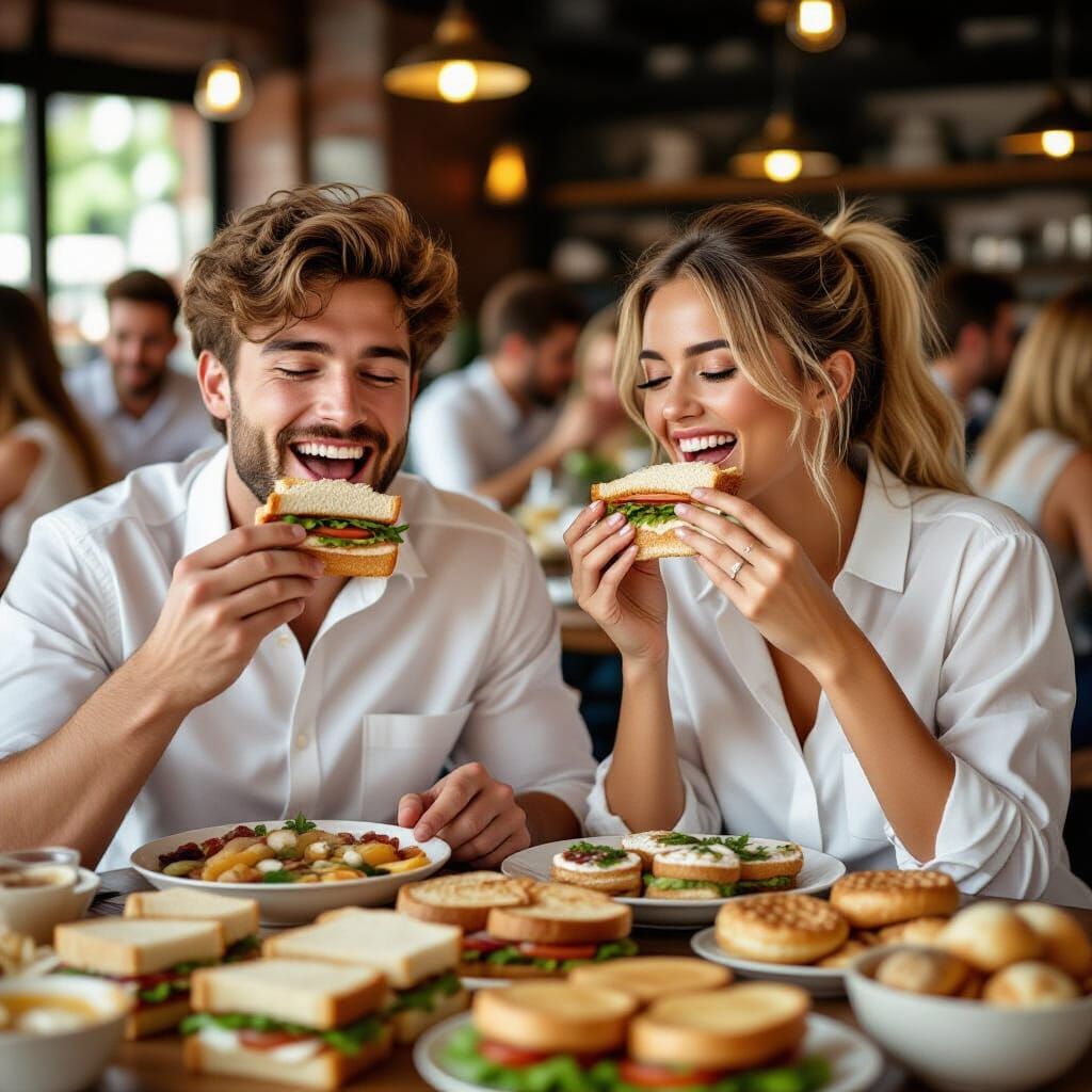 Joyful Couple Enjoying Sandwiches at a Lively Party