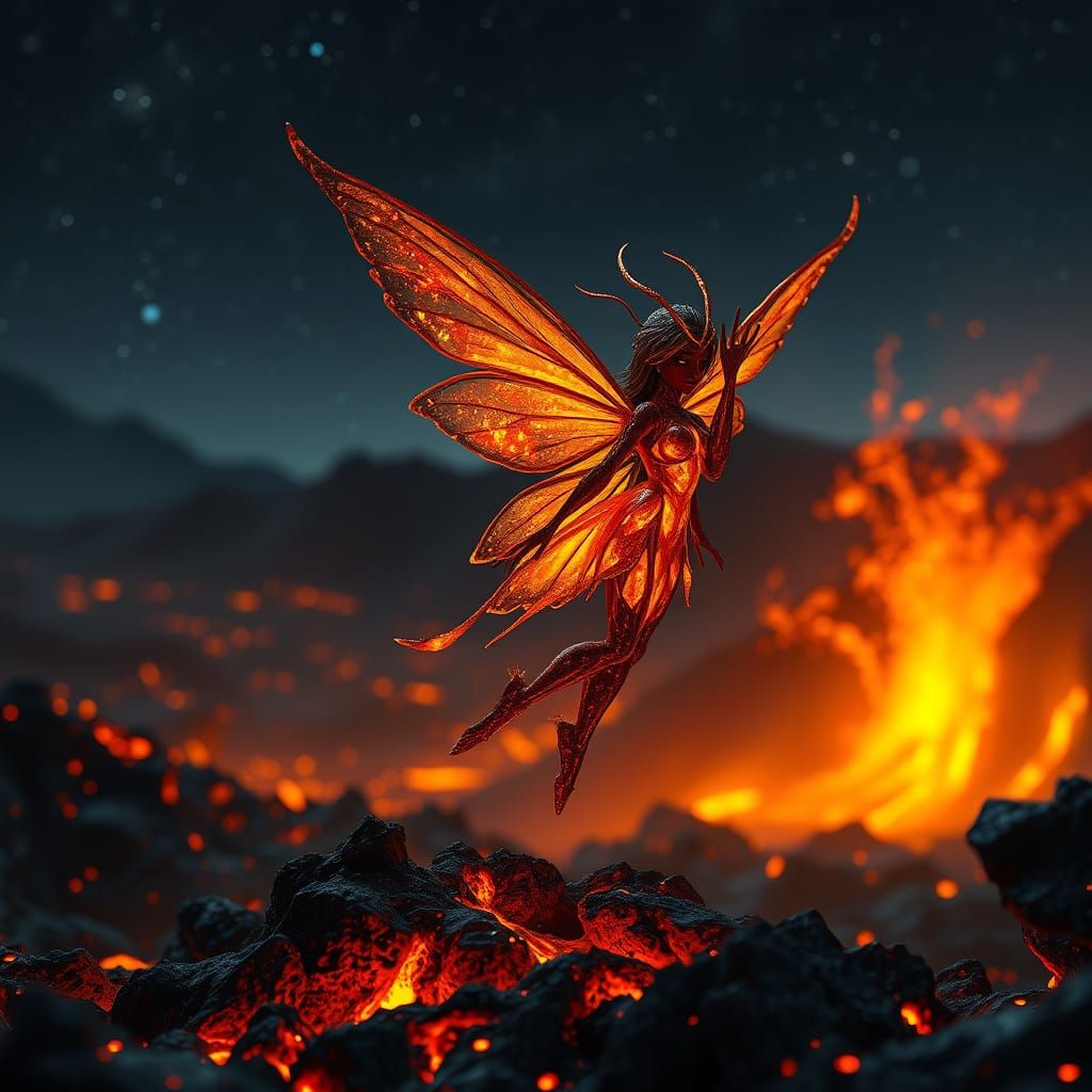 Lava Fairy with Obsidian Wings in Volcanic Landscape