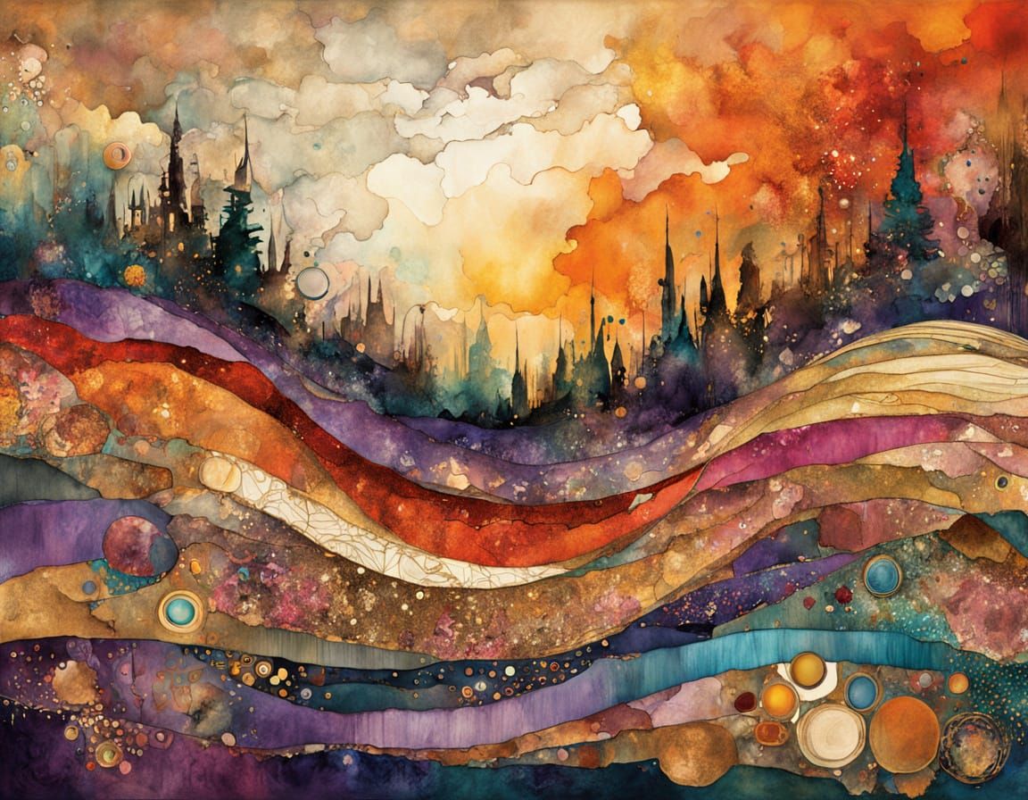 Surreal Sunset Meadow with Animals, Mosaic Design