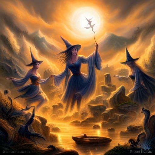 Ethereal Witches Coven Under Pentagram in Fantasy Style