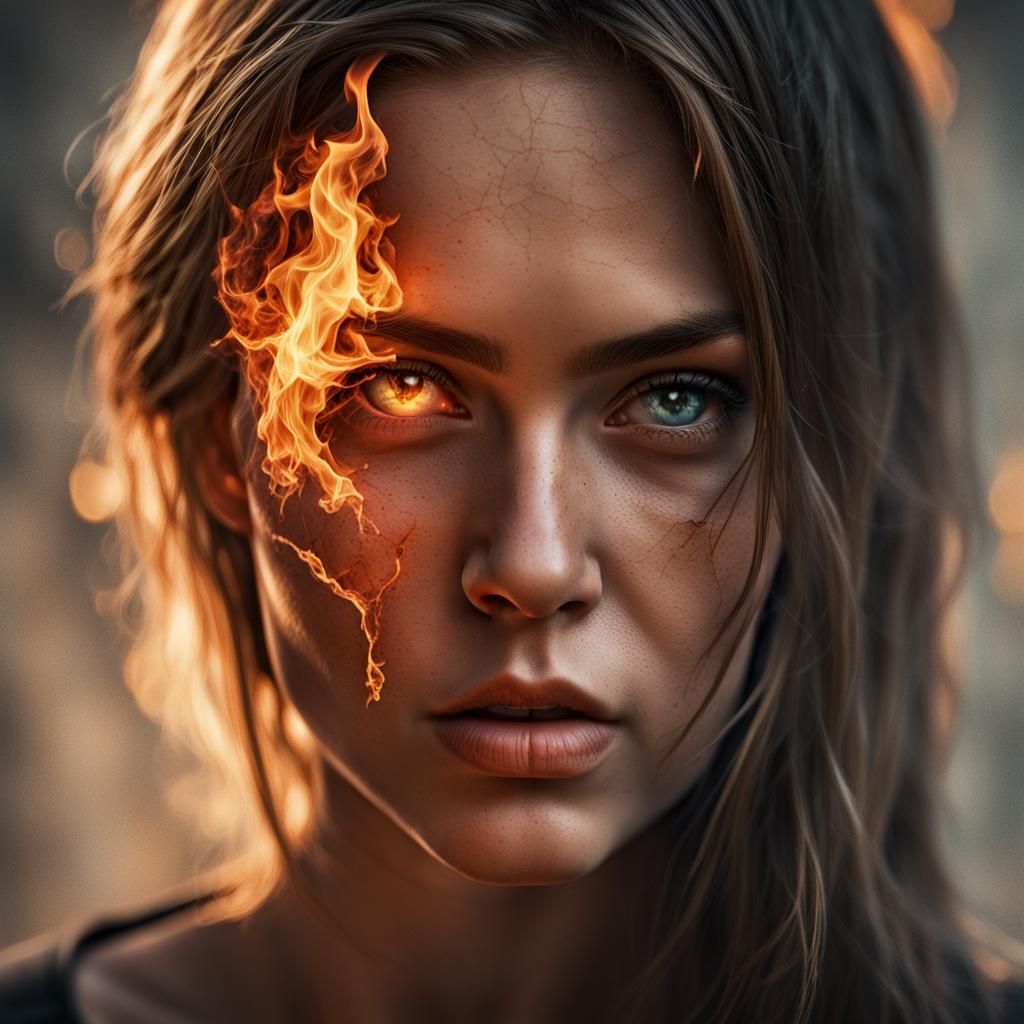 Fiery Portrait: Cracks Reveal Inner Flames