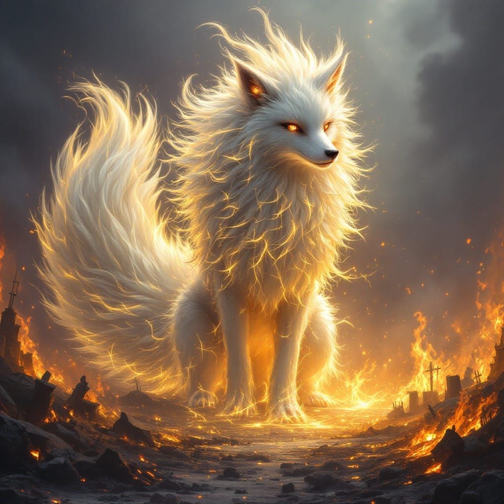 Majestic White Nine-Tailed Kitsune Radiates Fire Magic Amids...