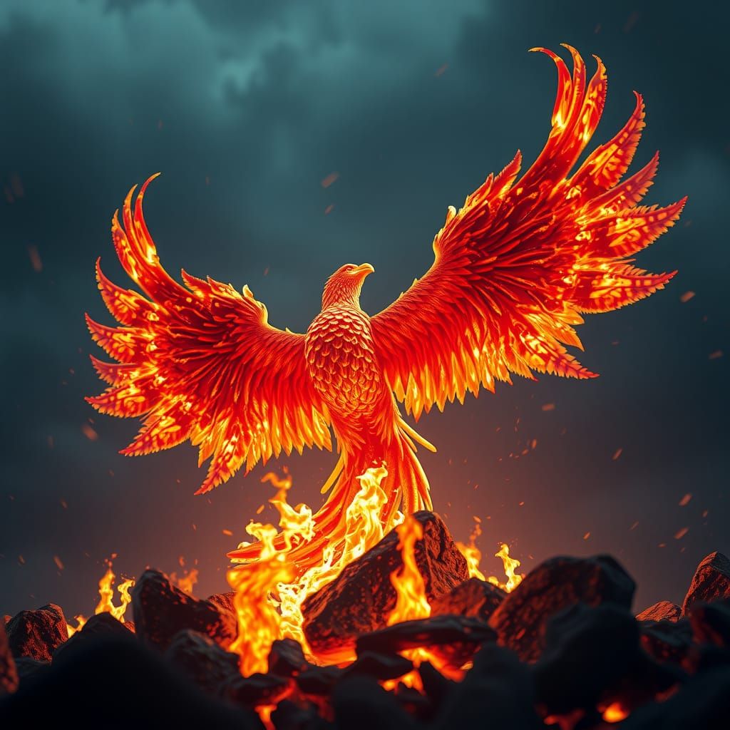 Photorealistic Phoenix Rising from Ashes in Fantasy Art