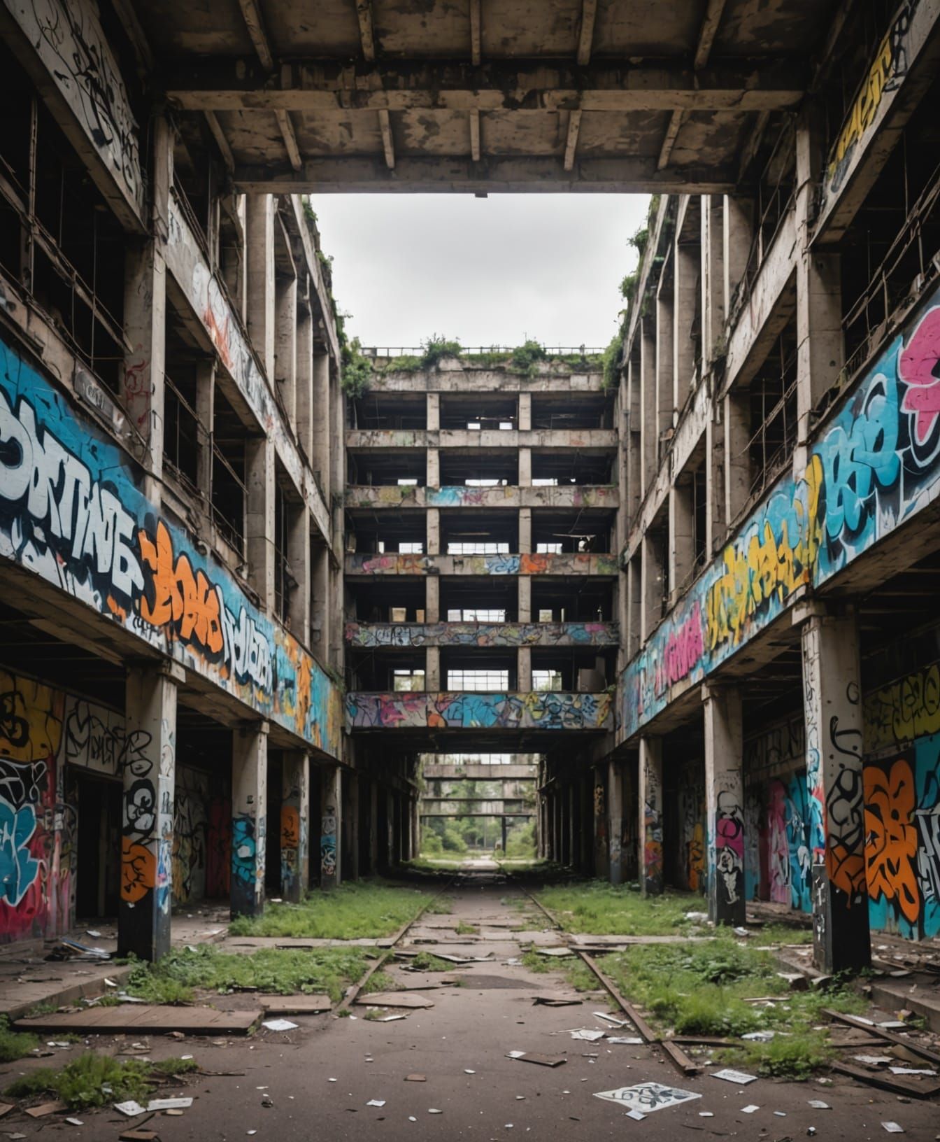 Abandoned Cityscape Megastructure in Vibrant Graffiti