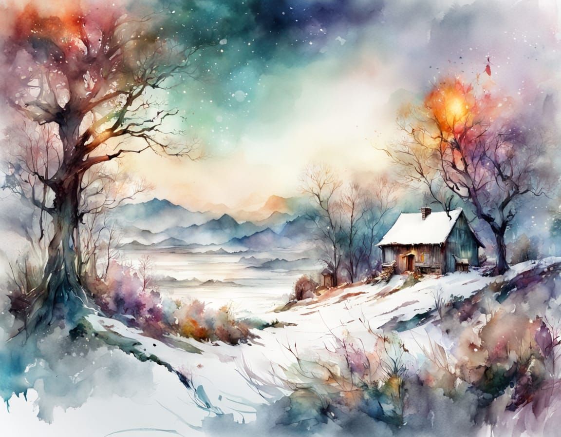 Dreamy Winter Landscape in Watercolor Style