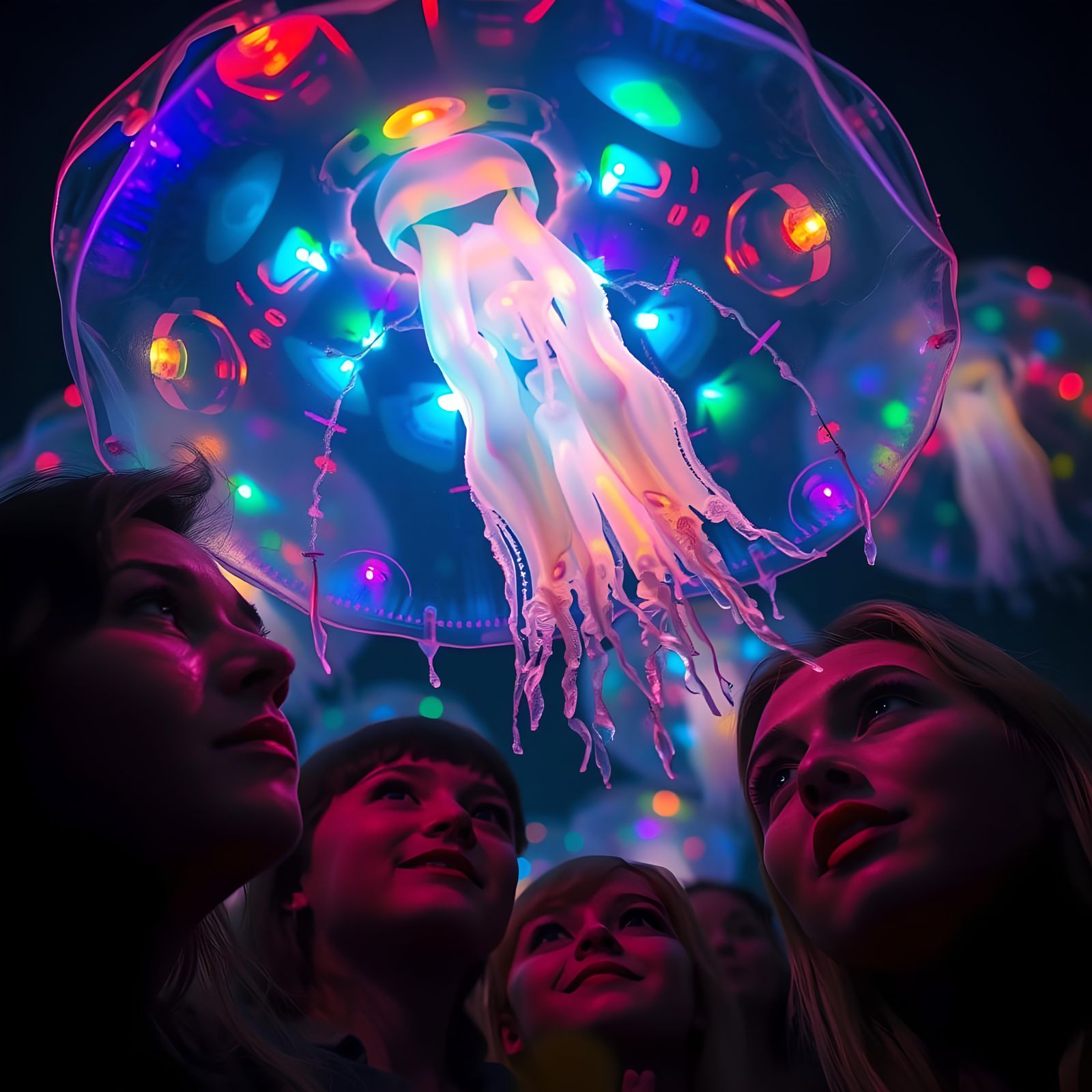 Illuminated Jellyfish Rain Rainbows on Awestruck Crowd