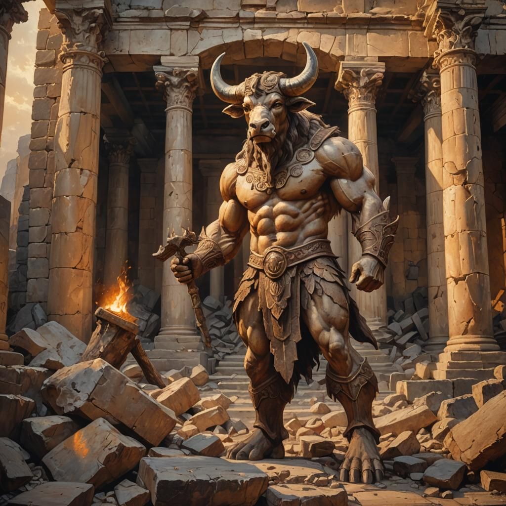 Minotaur in Ancient Ruins as Oil Painting