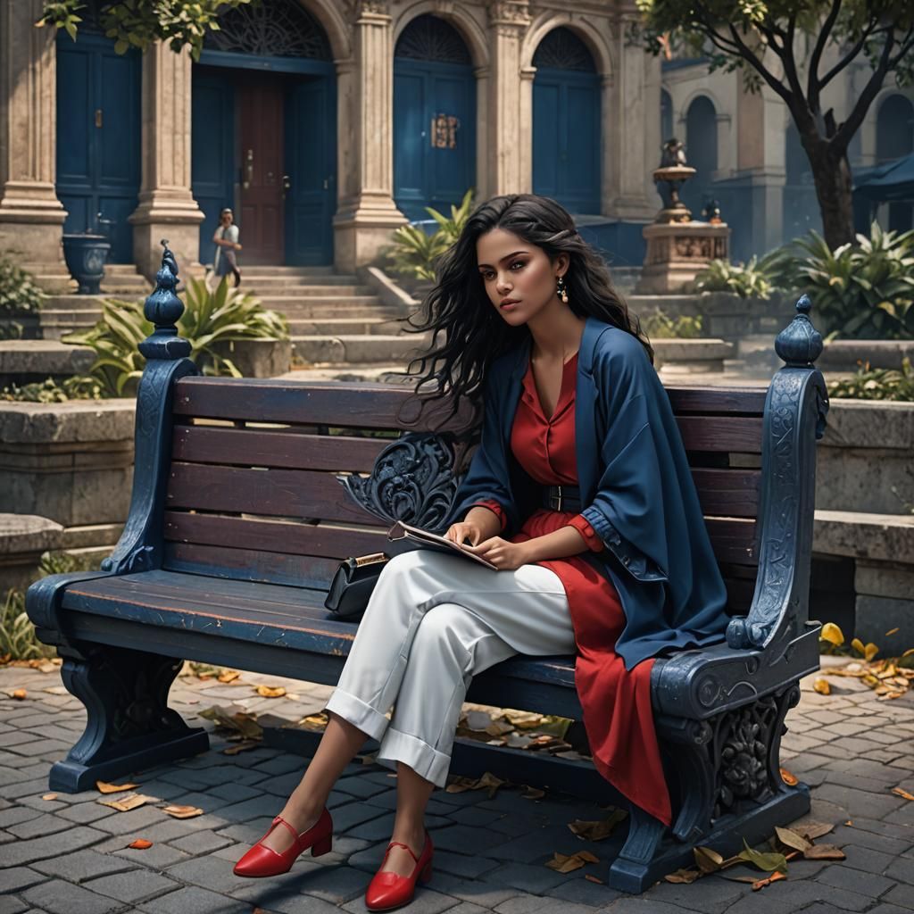 Woman on Park Bench in Detailed Matte Painting
