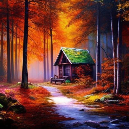 Autumnal Cabin in Woods: Detailed Fantasy Concept Art