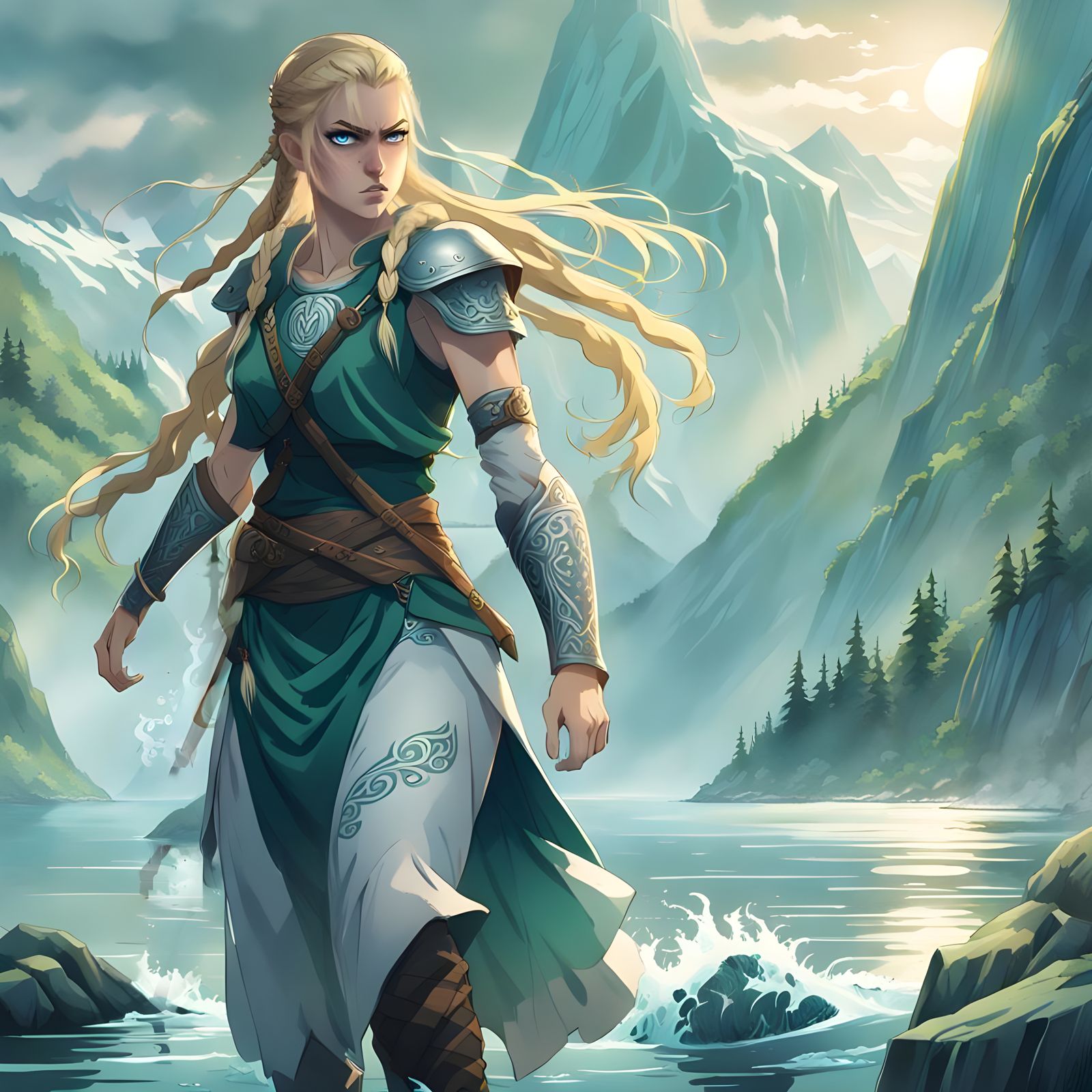 Anime Norse Shieldmaiden in Norwegian Fjord