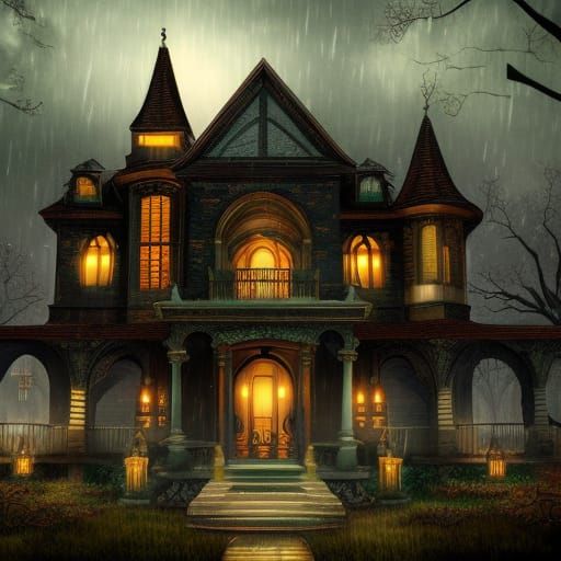 Cartoon Spooky Mansion on a Rainy Night