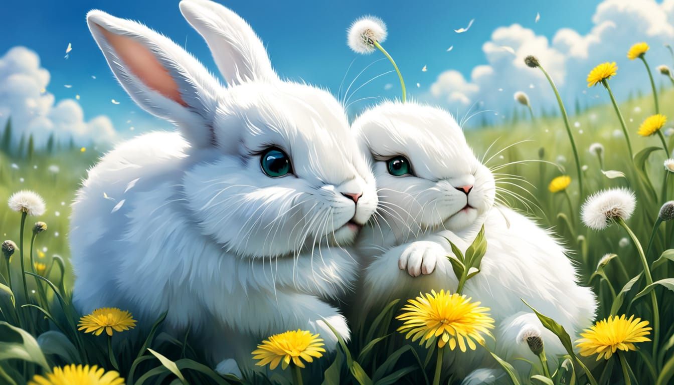Adorable White Bunny Holds Dandelion in Dreamlike Meadow