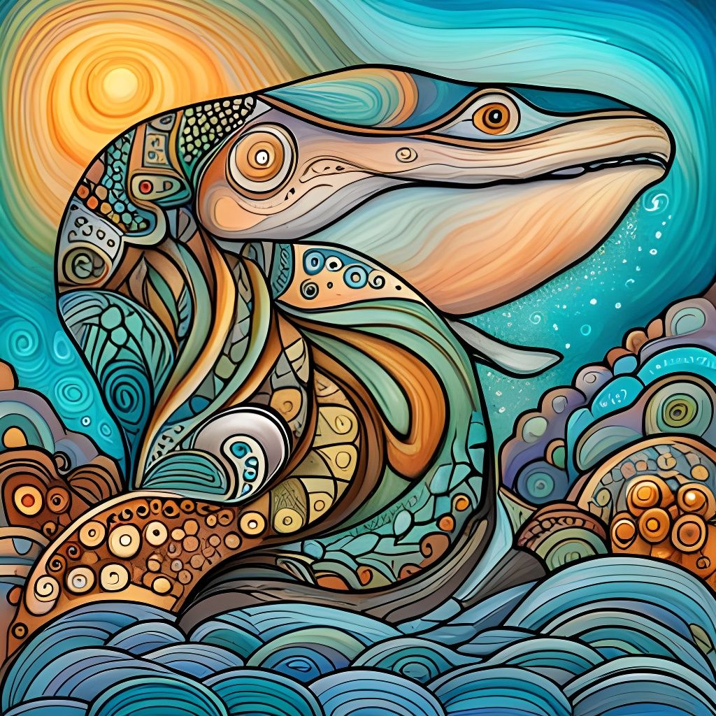 Monochrome Whale Drawing in Symbolic Style