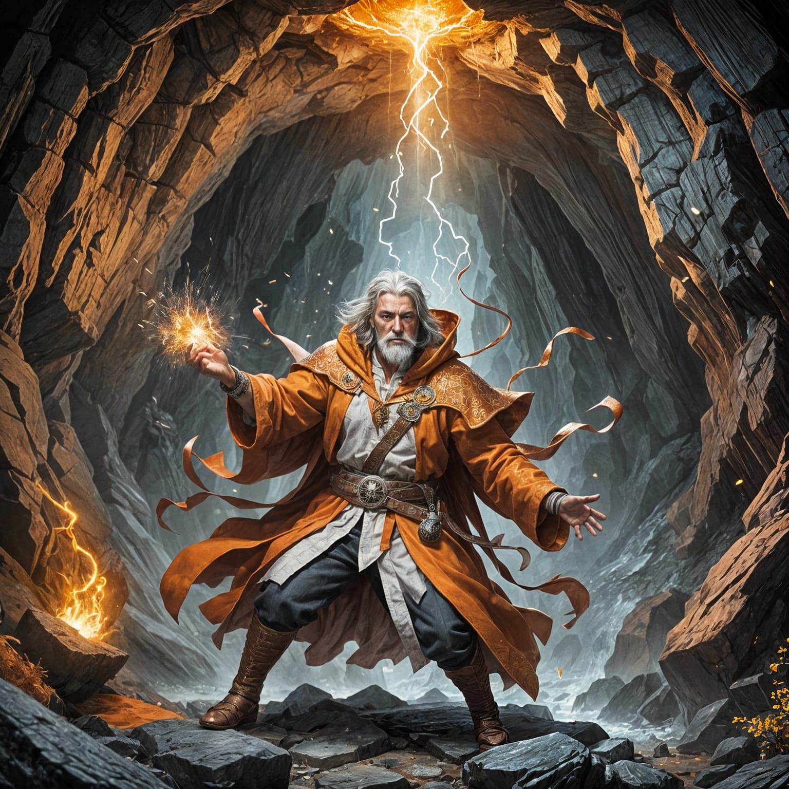 Human Wizard Casting Spell in Cave, DnD Illustration
