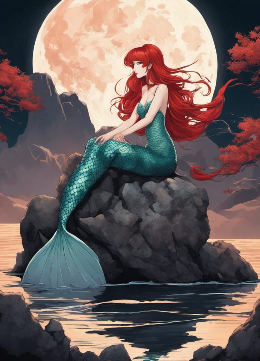 Red-Haired Mermaid Under Moon in Manga Style