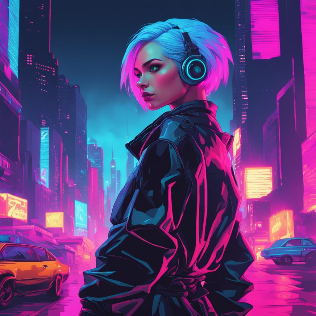 A fierce cyberpunk superheroine with electric blue hair