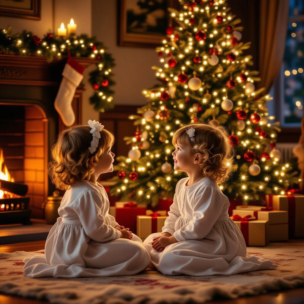 Victorian Children Admire Candlelit Christmas Tree