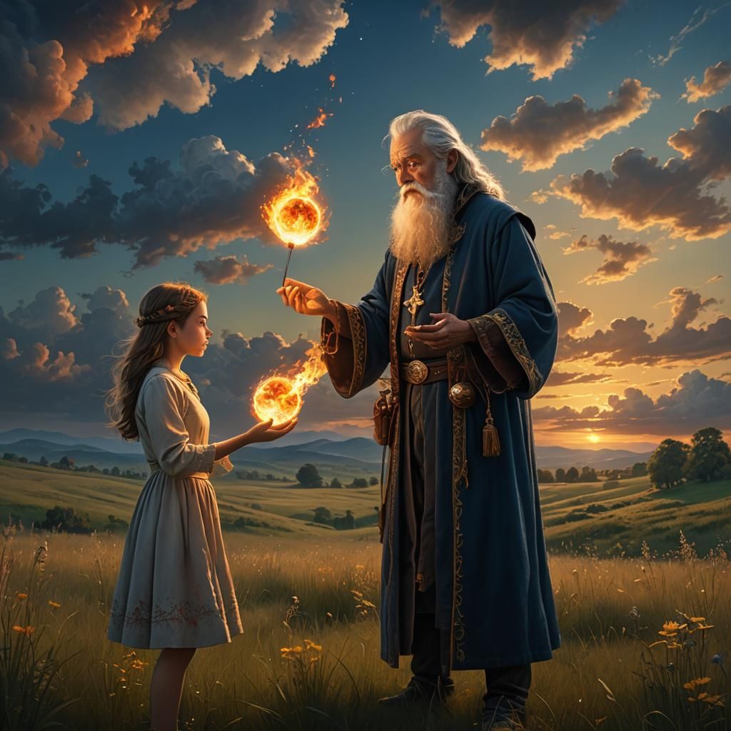 Young Girl and Wizard with Fireball in Meadow
