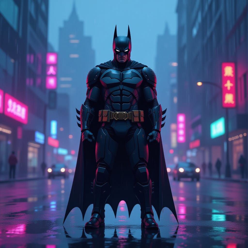 Cyberpunk Batman in Rainy Neon Cityscape
