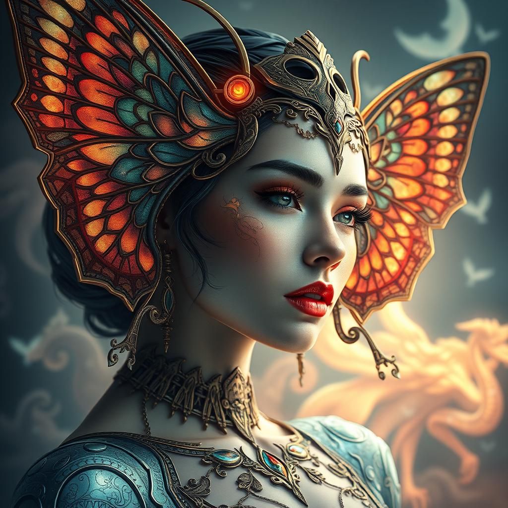 Iron Butterfly Woman Portrait in Art Nouveau Style