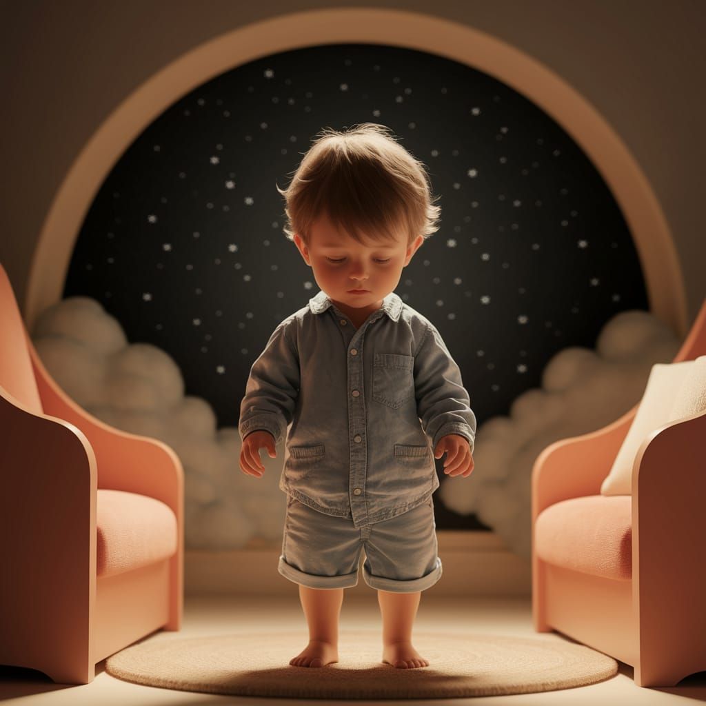 Shy Boy in Starry Room: A Serene AI Image