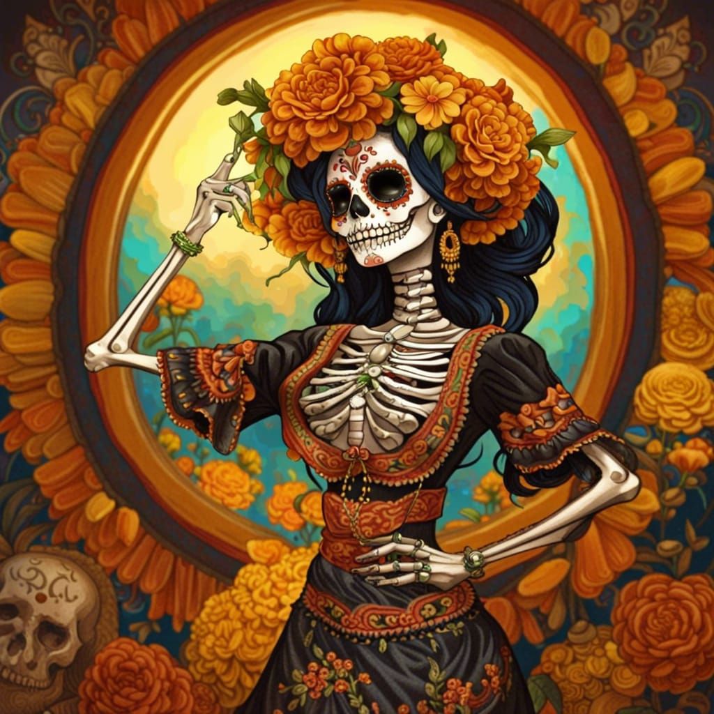 Day of the Dead Skeleton Woman in Art Nouveau Style