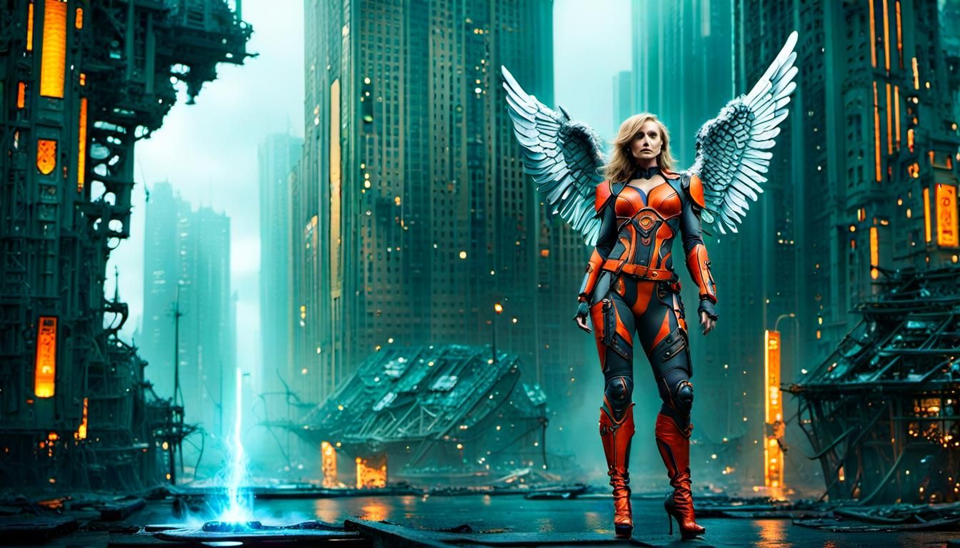 Winged Angel in Dystopian City: Hyperrealistic Digital Art