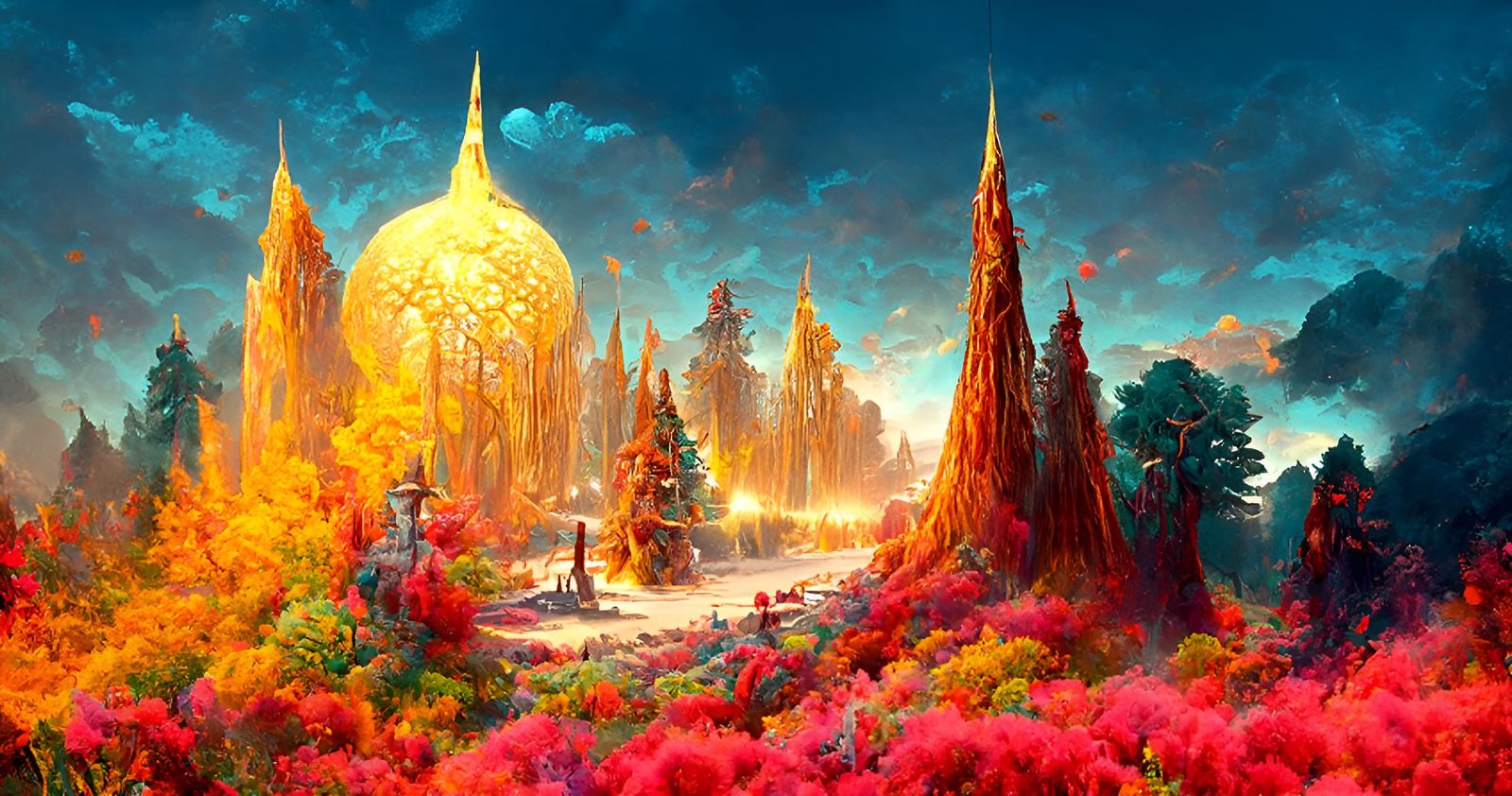 Golden Magic Trees in a Hyperrealistic Forest