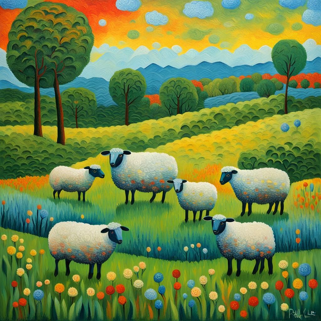 Naive Acrylic Painting of Sheep in Grassy Field