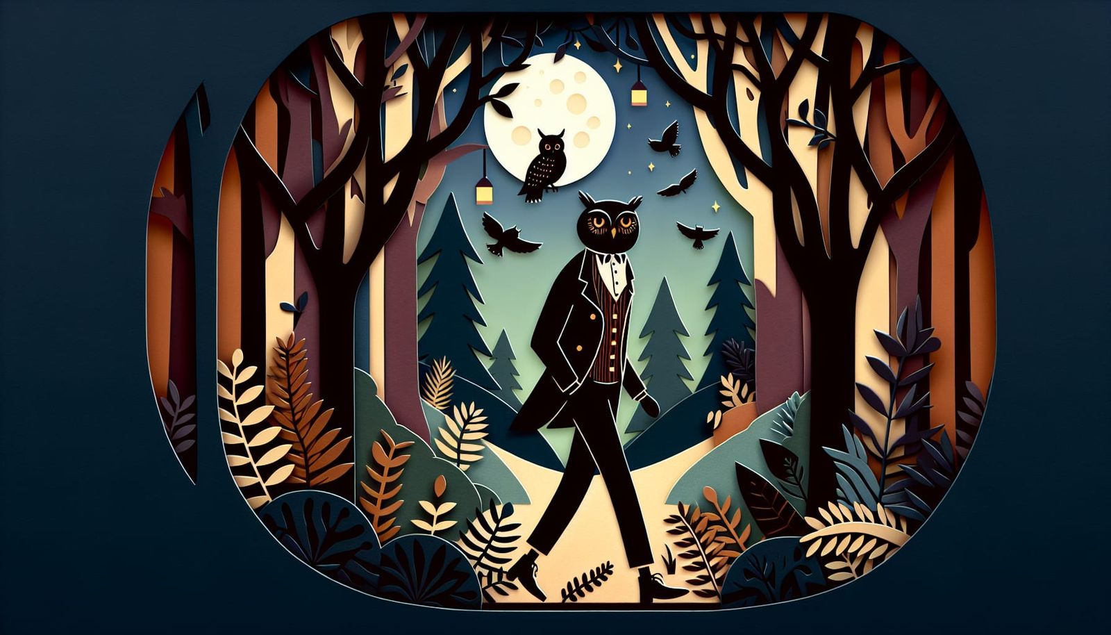 Whimsical Owl-Headed Man in Moonlit Forest