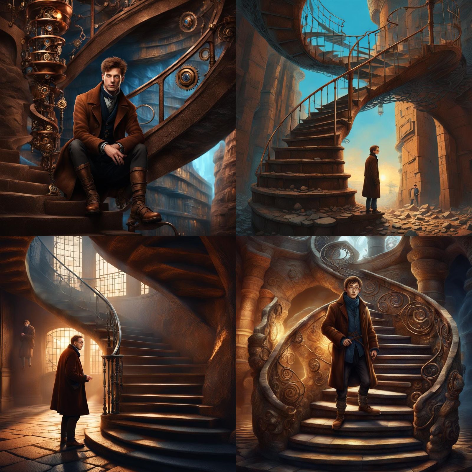Mechanical Scholar Descends Stone Staircase: Fantasy Art