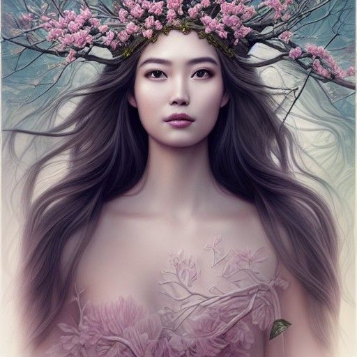 Goddess with Cherry Blossom Crown, Art Nouveau