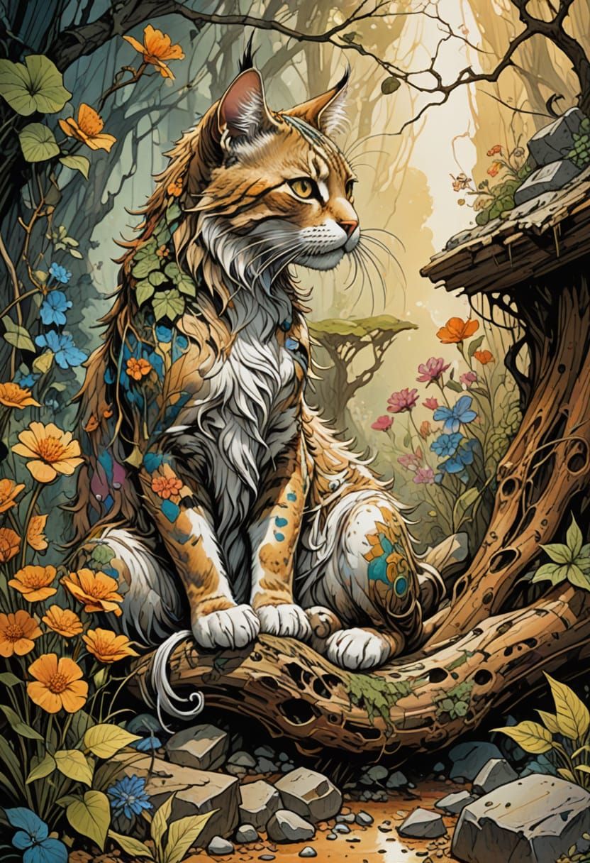 Ethereal Cat Enchantress in Whimsical Ink Sketch