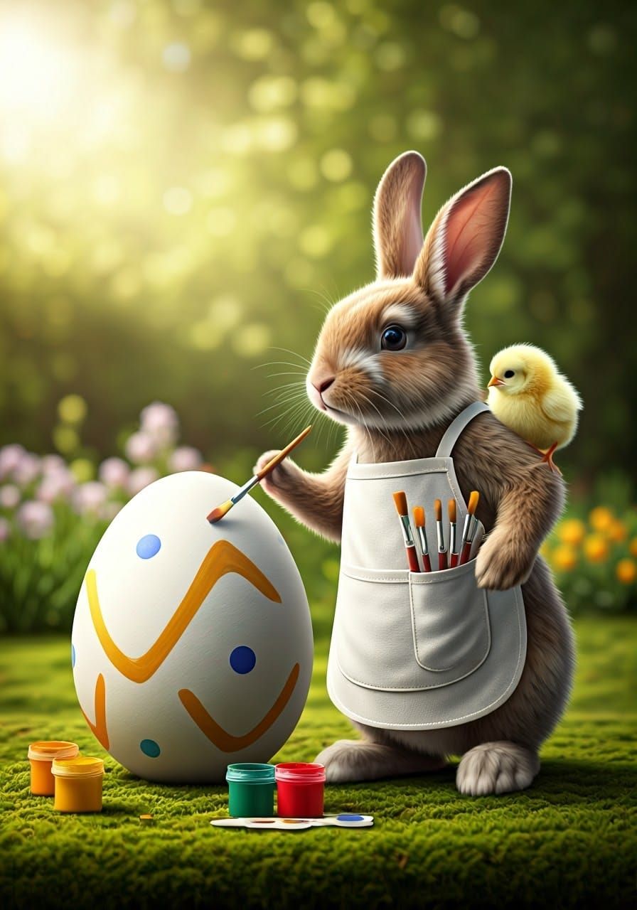 Easter Bunny Paints Masterpiece in Sunlit Garden
