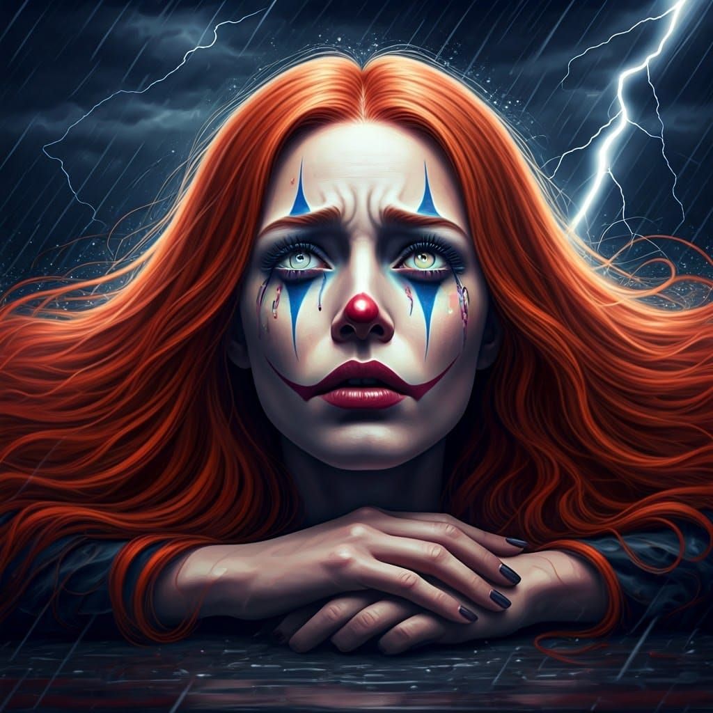 Despairing Clown Woman in Lightning Storm