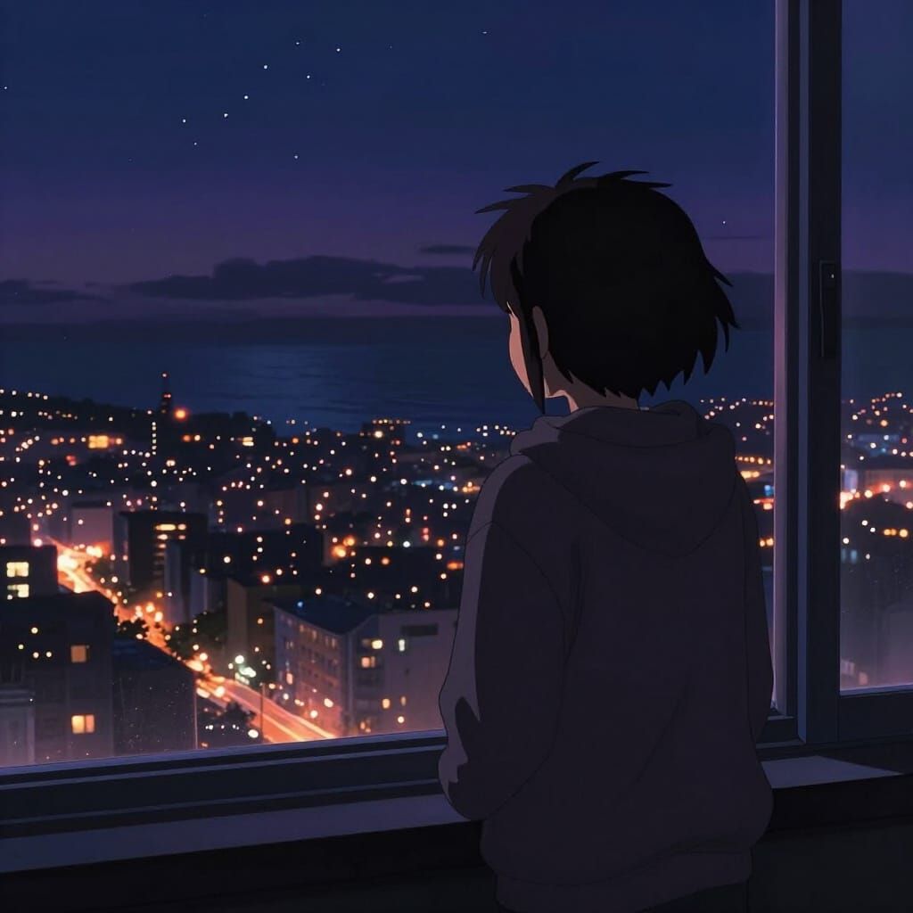 Anime Silhouette Gazes at City Lights or Ocean Night