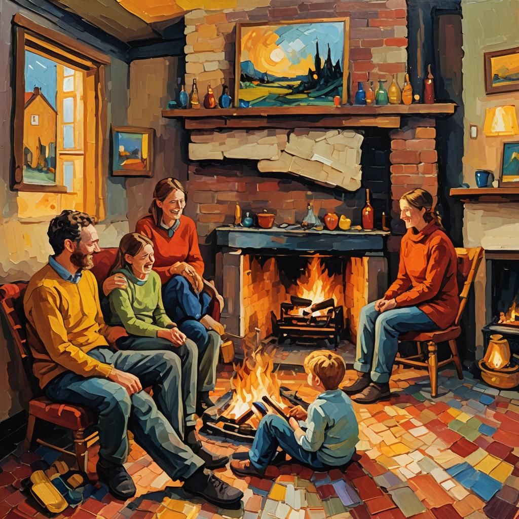 Family Gathering by Fireplace as Neo-Expressionist Oil Paint...