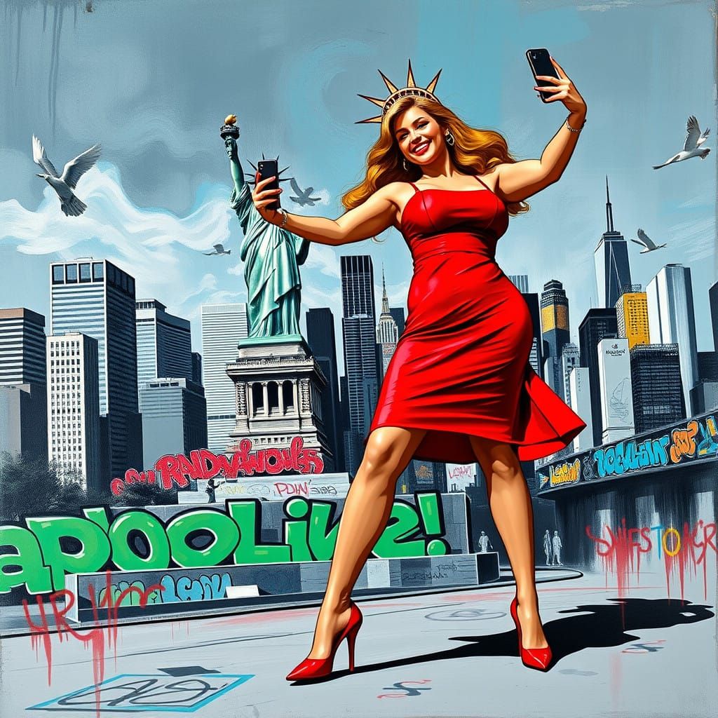 Vibrant Woman Takes a Selfie in Front of the Statue of Liber...