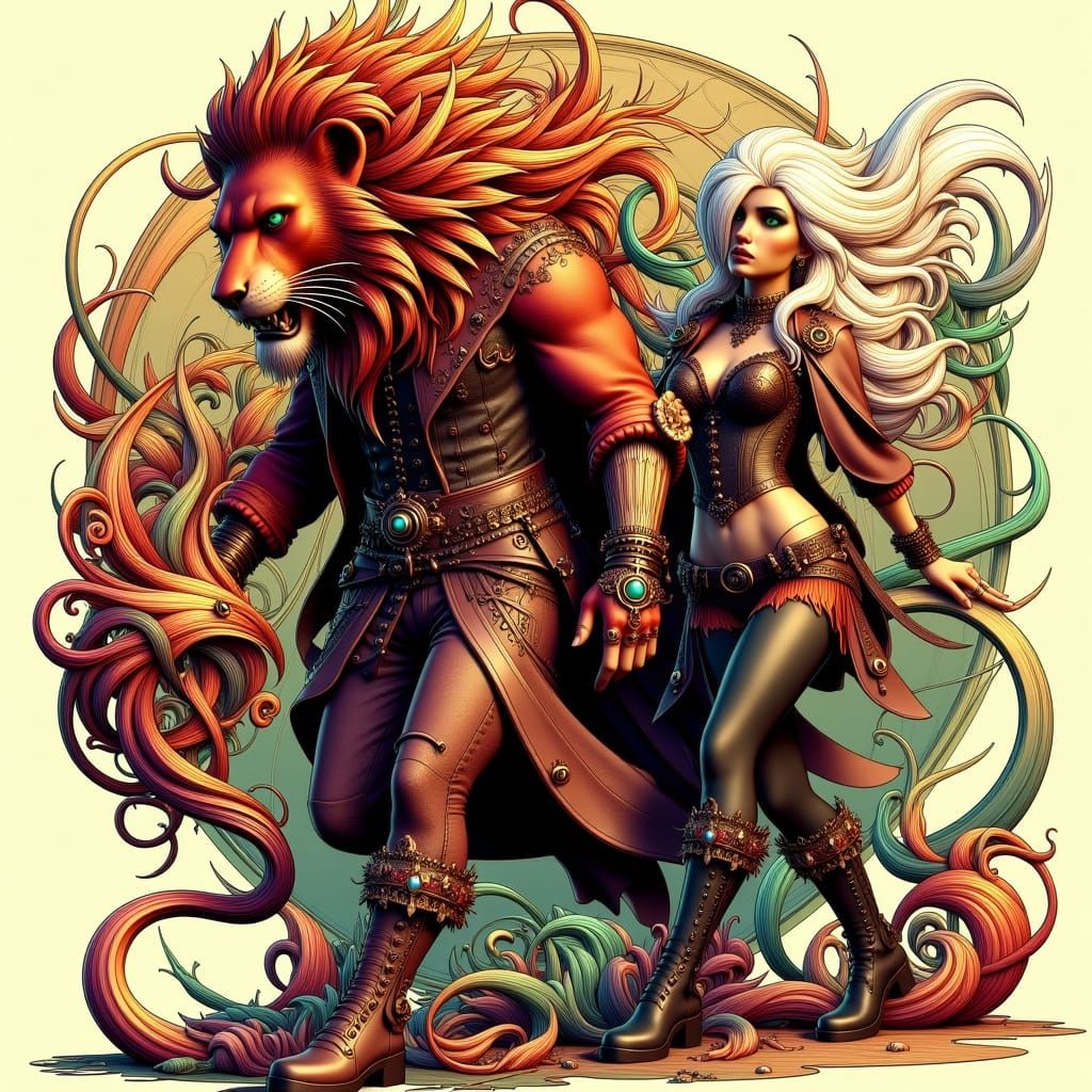 Crimson Lion and White-Haired Warrior in Art Nouveau Punk