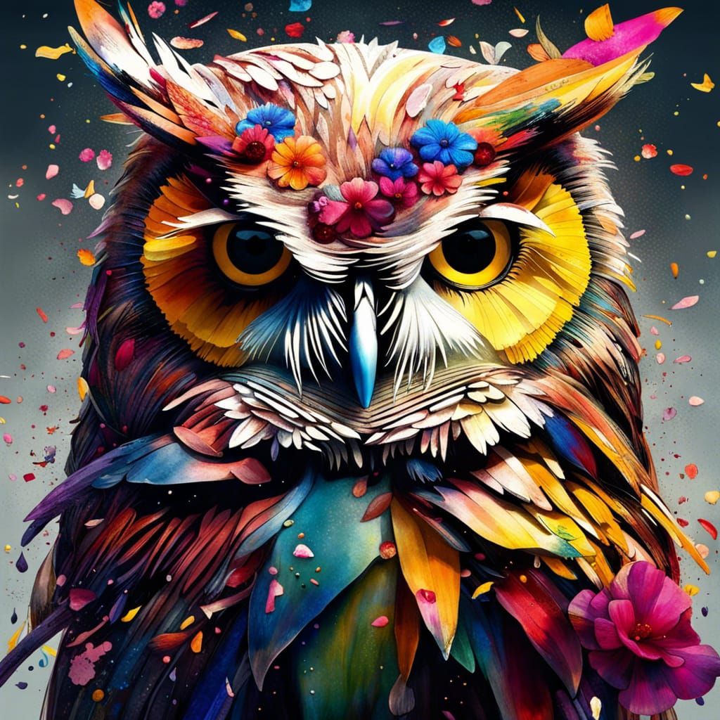Colorful Flower Owl Portrait in Hyperreal Detail