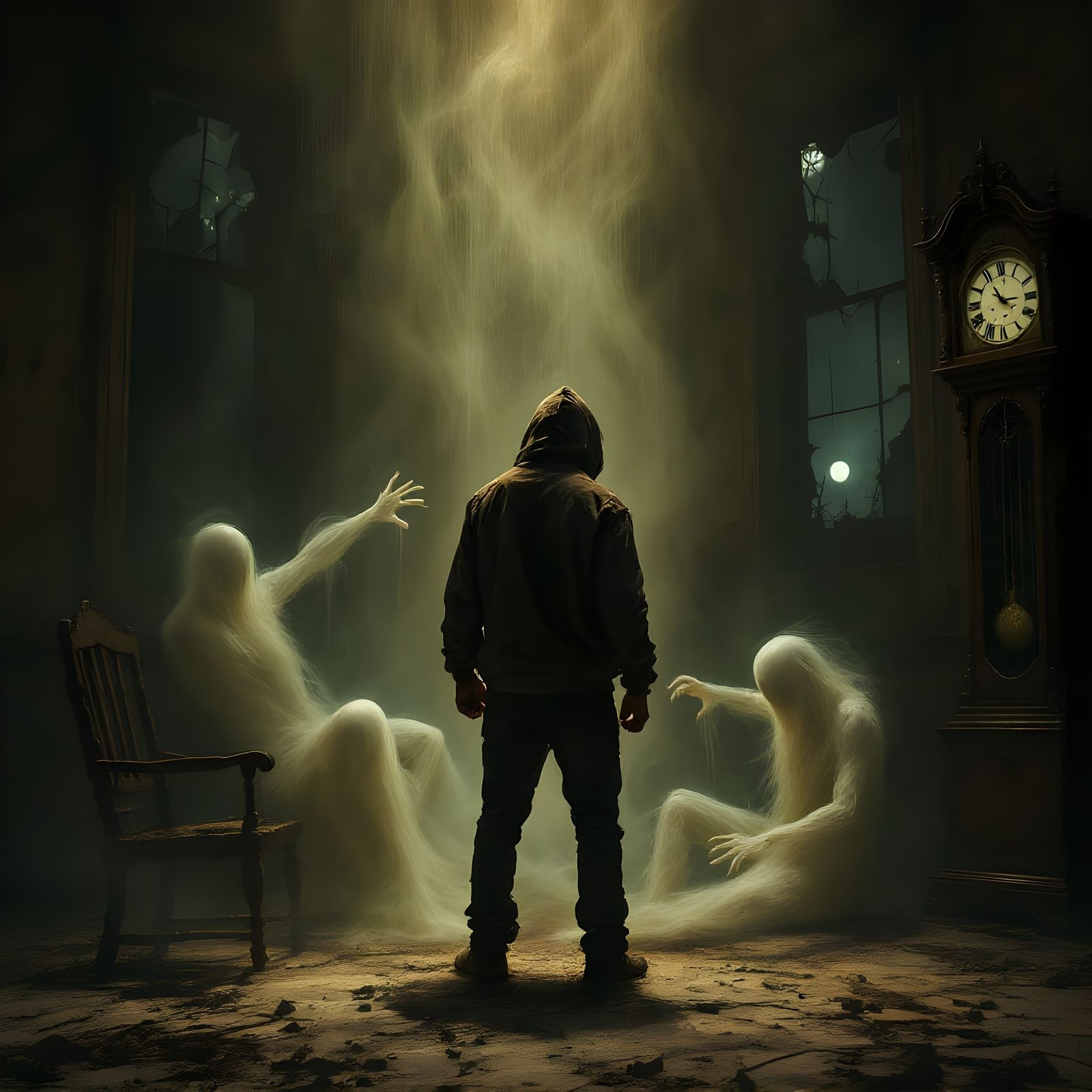 Eerie Specters Haunt Solitary Figure in Decayed Room