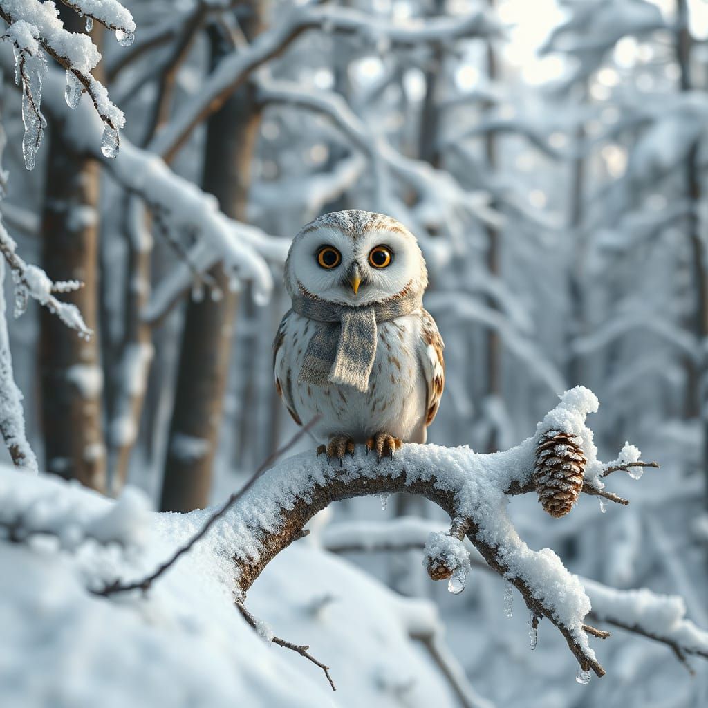Owl in Snowy Forest with Scarf: 3D Rendered Image