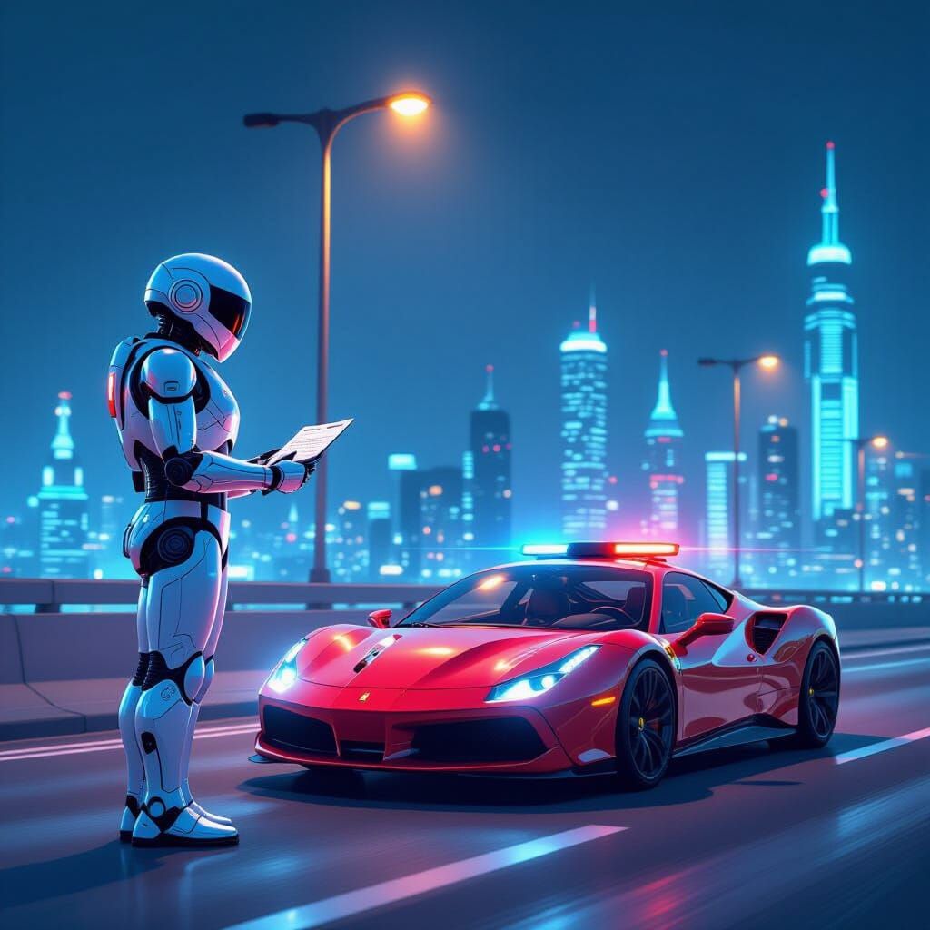 Futuristic Robot Cop Issues Ticket in Neon City