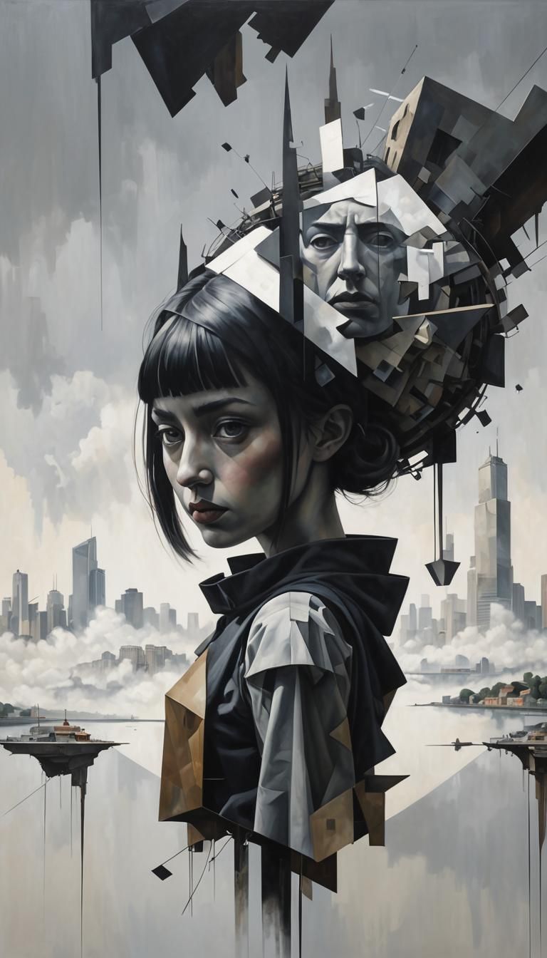 Strange Faces Circle City in Cubist Photorealism