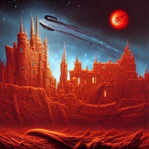 Surreal Dark Castle Amidst Cosmic Landscape
