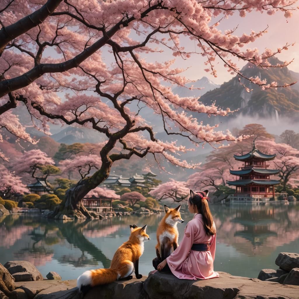 Sakura Tree Amidst Serene Japanese Landscapes in Soft Focus