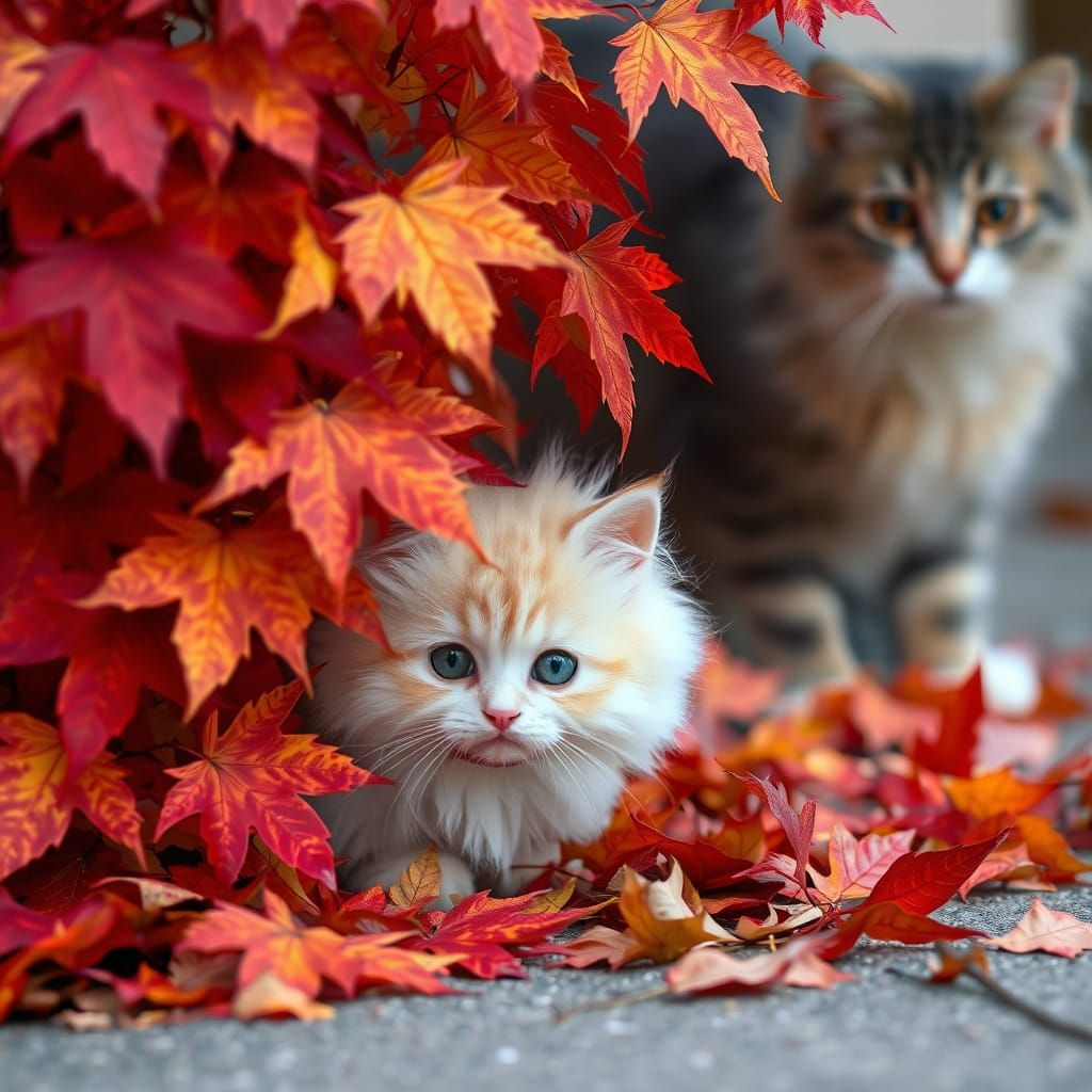 Fluffy Kitten Peeking From Autumn Leaves