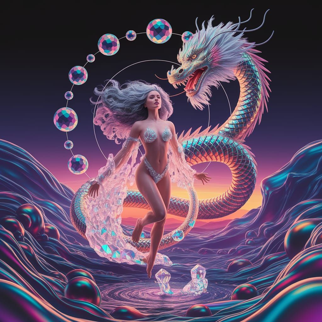 Gemini Woman Surrounded by Dragon and Crystals