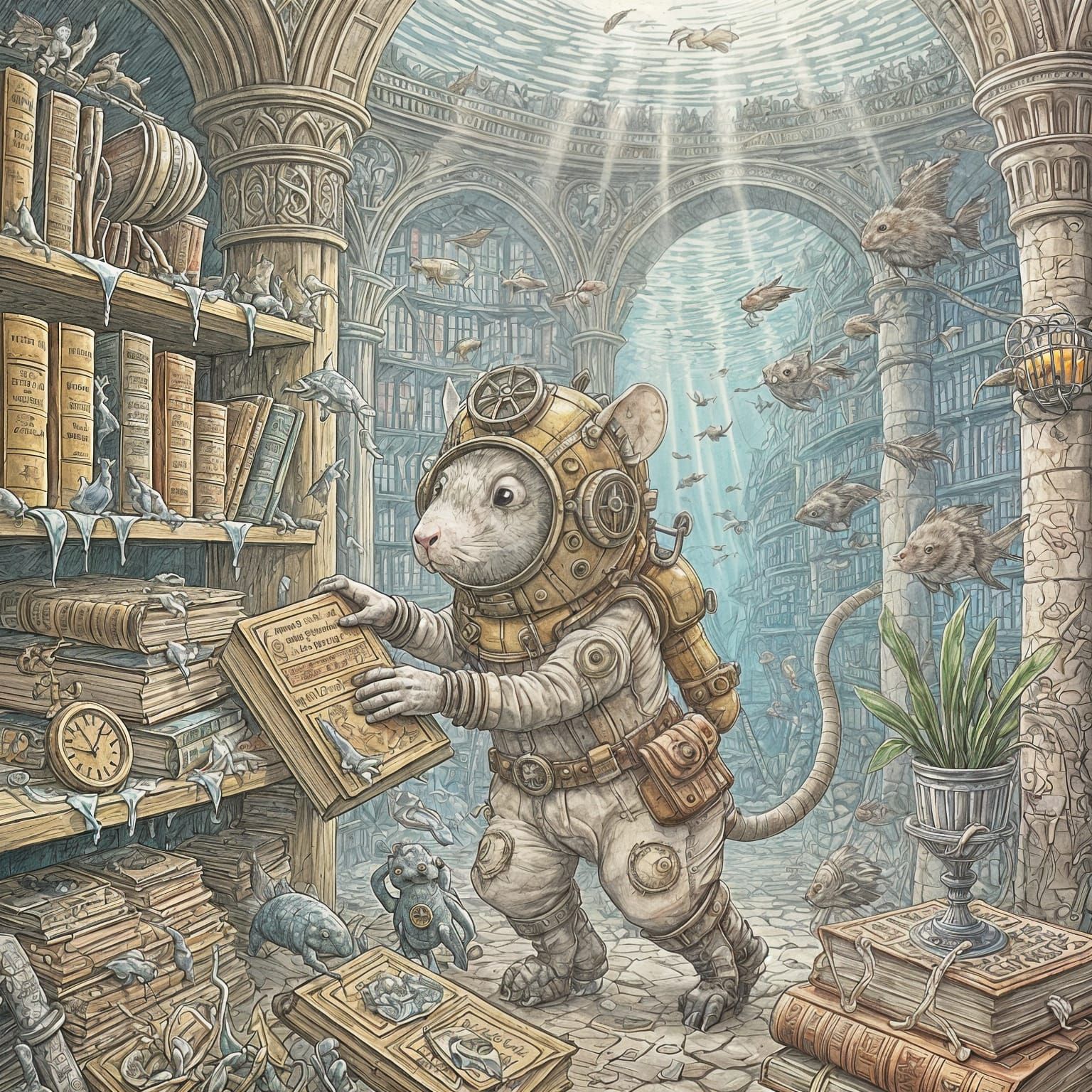Rat Explorer in Sunken Library as Watercolor Painting